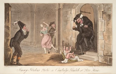 Jemmy Gordons Frolic, eller Cambridge Gambols på Peter House, från The English Spy, pub. 1824 (handfärgad gravyr)