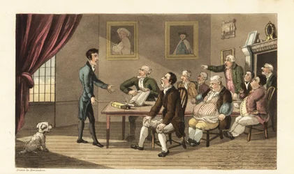 Johnny och hans borgenärer. De stackars herrarna står inför ett rum fullt av handlare och butiksägare som kräver återbetalning av sina skulder. Handkolorerad kopparstick av Thomas Rowlandson från William Combes The History of Johnny Quae Genus, the Little 