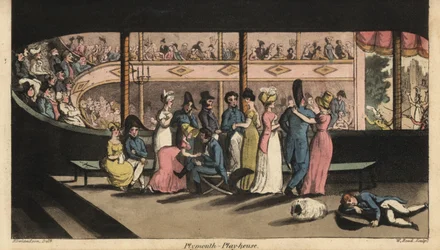 Johnny och andra midskeppsmän på land lämnar och väntar på en pjäs på Plymouth Playhouse. Handfärgad kopparstick av W. Läst efter en illustration av Thomas Rowlandson från Alfred Burtons The Adventures of Johnny Newcombe in the Navy, Simpkin, London