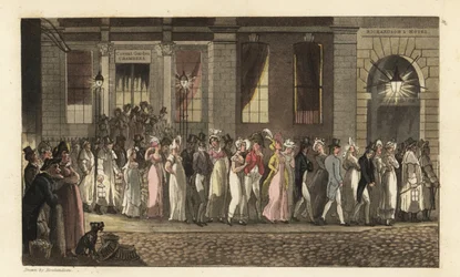 Johnny och andra festglada greps av nattväktaren efter en orolig dansfest i Covent Garden Chambers. Handkolorerad kopparstick av Thomas Rowlandson från William Combes The History of Johnny Quae Genus, the Little Foundling of the late
