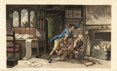 Johnny överfaller advokat Gripe-all på sitt kontor efter att ha blivit lurad på 100 pund. Handkolorerad kopparstick av Thomas Rowlandson från William Combes The History of Johnny Quae Genus, the Little Foundling of the late Doctor Syntax.