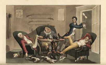 Johnny vid en sportfinal: Johnny med ljusstakar lämnar tre berusade jägare sova i en matsal med tomma vinflaskor och sovande hundar. Handkolorerad kopparstick av Thomas Rowlandson från William Combes The History of Johnny Quae