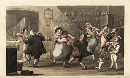 Johnny dansar på en hemlig fest med andra tjänare i köket. Kock, kusk, piga och coatman njuter av mästarens mat och vin. Handkolorerad kopparstick av Thomas Rowlandson från William Combes The History of Johnny Quae Genus, the Li