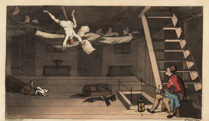 Johnny ramlar ur sin hängmatta i sin stuga. Handkolorerad kopparstick av W. Läst efter en illustration av Thomas Rowlandson från Alfred Burtons The Adventures of Johnny Newcombe in the Navy, Simpkin, London