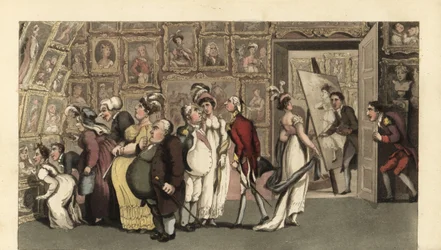 Johnny i tjänst för porträttmålaren Carmine på hans galleri. När Johnny är ensam försämrar han porträtten med krita och orsakar furore. Handkolorerad kopparstick av Thomas Rowlandson från William Combes The History of Johnny Quae Genus, the Li