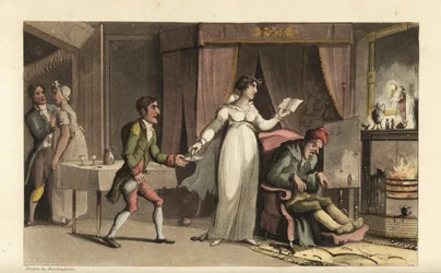 Johnny i tjänst hos snålen John Squeeze och hans försiktiga systerdotter Amelia Squeeze. Johnny tar med ett glas medicin till den döende gubben. Handkolorerad kopparstick av Thomas Rowlandson från William Combes The History of Johnny Quae Genus, th