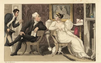 Johnny avbryter ett gräl mellan gäster på en fest i en regency-salong. Handkolorerad kopparstick av Thomas Rowlandson från William Combes The History of Johnny Quae Genus, the Little Foundling of the late Doctor Syntax.