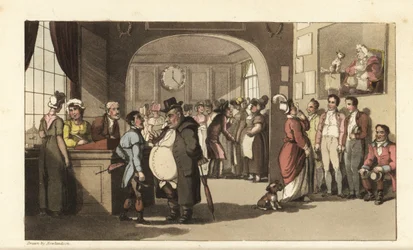 Johnny söker arbete på ett registerkontor för hemtjänstemän. Män och kvinnor med monokler undersöker bärare, pigor och annan personal. Handkolorerad kopparstick av Thomas Rowlandson från William Combes The History of Johnny Quae Genus, the Lit