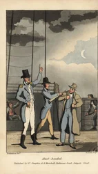 Johnny som leds av kaptenen. Beordrad att klättra till toppen av masten för att ha förlorat en sjöman på landpermission. Handkolorerad kopparstick av W. Läst efter en illustration av Thomas Rowlandson från Alfred Burtons The Adventures of Johnny Newcombe i