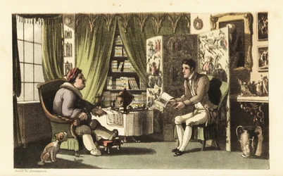Johnny läser för Sir Jeffery Gourmand i hans arbetsrum. Handkolorerad kopparstick av Thomas Rowlandson från William Combes The History of Johnny Quae Genus, the Little Foundling of the late Doctor Syntax.