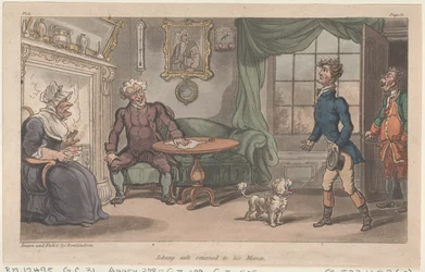Johnny safe återvände till sin mamma, från The Military Adventures of Johnny Newcome, 1815., 1815.