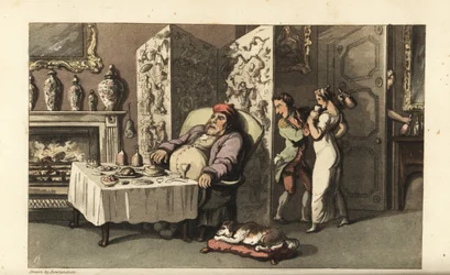 Johnny smyger hembiträdet Molly ett glas vin i salongen när Sir Jeffery Gourmand sover vid matbordet. Nästan fångad av en annan tjänare vid dörren. Handkolorerad kopparstick av Thomas Rowlandson från William Combes The History of John