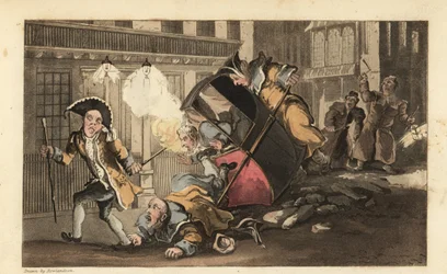 Johnny kastades ur en sedanstol när bärarna kraschar över en stenhög på gatan. Nattväktare med lyktor och skallror anländer. Handkolorerad kopparstick av Thomas Rowlandson från William Combes The History of Johnny Quae Genus,