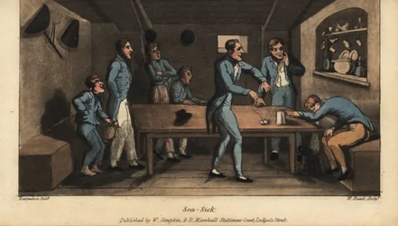 Johnny kräks i en hink i kabinen när hans skepp sätter segel. En annan officer föreslår ett botemedel av saltvatten och en bit salt fläsk på ett snöre. Handkolorerad kopparstick av W. Läst efter en illustration av Thomas Rowlandson från Alfred Burto