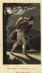Johnny går på den månbelysta vägen till London. Han har en ryggsäck med fiol, en bok i rockfickan och bär ett paraply. Handkolorerad kopparstick av Thomas Rowlandson från William Combes The History of Johnny Quae Genus, the Little Found