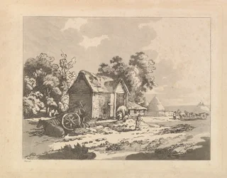 Landskap med figurer som lagrar hö i en lada, en vagn och häst som ligger ner till vänster, 1783-84.