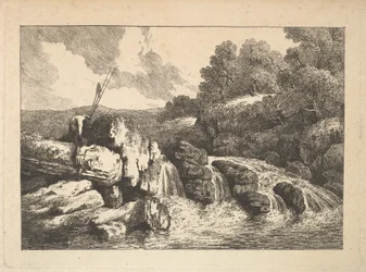Landskap med två fiskare som klättrar på stenar bredvid ett vattenfall, 1784-88.