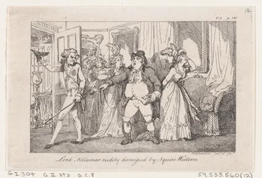 Lord Tellamar avfärdad grovt av Squire Western, från The History of Tom Jones, a Foundl..., 1792.