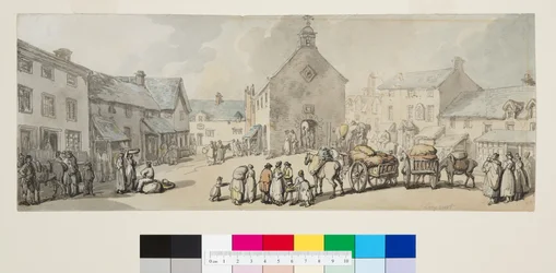 Market Place, Llanrwst, ca 1797 (penna & svart bläck och akvarell på papper)