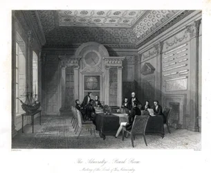 Möte för amiralitetets herrar i styrelserummet, amiralitet. Stålstick av Henry Melville efter en illustration av Thomas Rowlandson från London Interiors, Their Costumes and Ceremonies, Joshua Mead, London