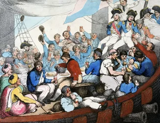 Napoleonkrigen, Egyptiska kampanjen (expeditionen) (1798-1801): Amiral Horatio Nelson (1758-1805) firar med sina trupper sin strålande seger i slaget vid Nilen (slaget vid Aboukir) (augusti 1798), ombord på sin båt