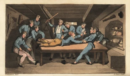 Sjöstraff av cobbing (trassling) för att förstöra en måltid. Johnny blir slagen med en pinne över messbordet för att tillsätta salt till puddingen. Handkolorerad kopparstick av W. Läst efter en illustration av Thomas Rowlandson från Alfred Burtons The
