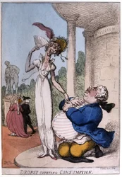 Överviktiga man som uppvaktar en tuberkulospatient: vattusot och konsumtion, tidigt 1800-tal (karikatyr)