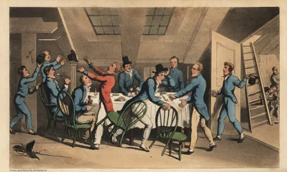 Officerare och midskeppsmän firar nyheten att kaptenen har lämnat skeppet. Handkolorerad kopparstick av W. Läst efter en illustration av Thomas Rowlandson från Alfred Burtons The Adventures of Johnny Newcombe in the Navy, Simpkin, London