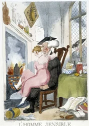 Gammal man (esiastisk) trevar en ung kvinna som sitter på knä - karikatyr av Rowlandson