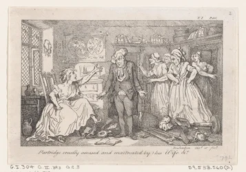 Partridge grymt anklagad och misshandlad av sin fru, från The History of Tom Jones, a Fo..., 1792.