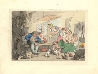 Regency skomakare lagar skor i ett trångt rum.
