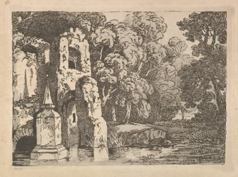 Ruiner bredvid en pool i ett skogslandskap, 1783-84.