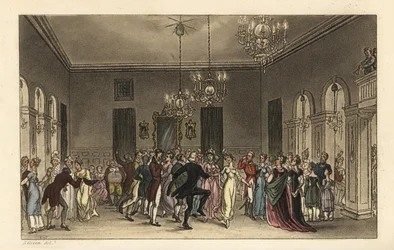 The Ball Room: fashionabla turister som dansar i Scarborough Assembly Rooms. Varje herre som dansar betalar 2s, och varje dam som dricker te betalar 1s. Handkolorerad kopparstick av Thomas Rowlandson efter en skiss av J. Green från Poetical Sketches