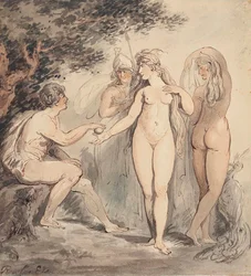 The Judgement of Paris, signerad "Rowlandson" (nere till vänster) penna och brunt bläck samt akvarell, 7 ¼ x 6 ¾ in. (18,4 x 17,2 cm)