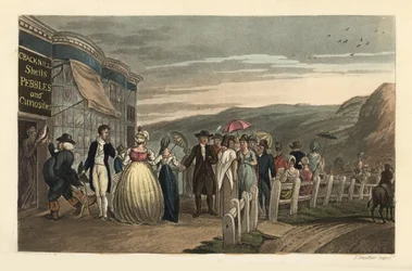 The Promenade: fashionabla turister som promenerar utanför Cracknill Shells, Pebbles and Curiosities Shop. Handkolorerad kopparstick av Thomas Rowlandson, akvatint av J.C. Stadler, efter en skiss av J. Green från Poetical Sketches of Scarborough, Acker
