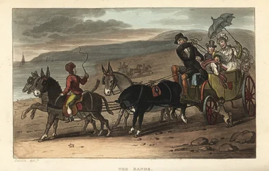 The Sands: turister i en baruch som dras av åsnor på stranden. Handkolorerad kopparstick av Thomas Rowlandson efter en skiss av J. Green från Poetical Sketches of Scarborough, Ackermann, London