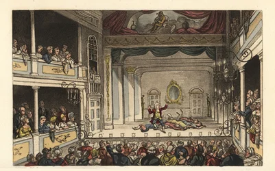 Teatern: Turister som njuter av en pjäs på Scarborough Theatre. Handkolorerad kopparstick av Thomas Rowlandson efter en skiss av J. Green från Poetical Sketches of Scarborough, Ackermann, London