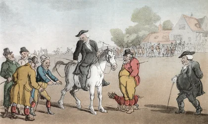 Vicaren som säljer sin häst, illustration från "The Vicar of Wakefield" av Oliver Goldsmith, pub. Ackermann, 1817 (handfärgad akvatint)