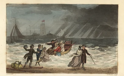 Vattenfesten: turister överger en sjöresa på grund av dåligt väder. Handkolorerad kopparstick av Thomas Rowlandson, akvatint av J.C. Stadler, efter en skiss av J. Green från Poetical Sketches of Scarborough, Ackermann, London