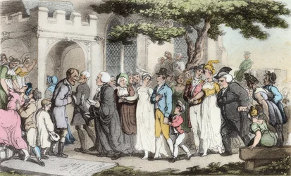 Bröllopet, illustration från "The Vicar of Wakefield" av Oliver Goldsmith, pub. Ackermann, 1817 (handfärgad akvatint)