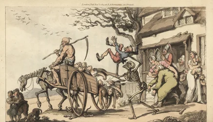 Dödens och den gamles skelett Det är dags att ta Goody Bartons gamla man, men vagnen är redan för full med lik. Handfärgad kopparplåt tecknad och graverad av Thomas Rowlandson från The English Dance of Death, Ackermann, London