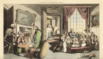 Dödens skelett dyker upp i vardagsrummet i en stor familj för att ta ett barn eller nyfödd bebis. Handfärgad kopparplåt tecknad och graverad av Thomas Rowlandson från The English Dance of Death, Ackermann, London