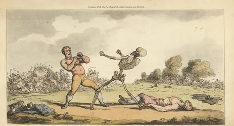 Skelettet av Döden boxas med en barknuckle prisfighter medan en annan boxare ligger på marken och folkmassan flyr i skräck. Handfärgad kopparplåt tecknad och graverad av Thomas Rowlandson från The English Dance of Death, Ackermann, London