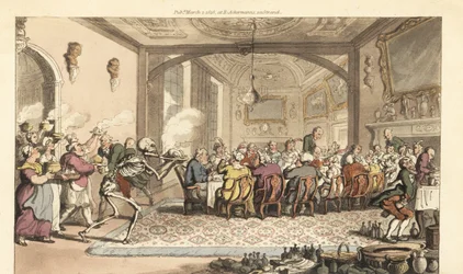 Dödens skelett tar med en ödesdiger delikat maträtt till en frossande fest i en storslagen sal. Handfärgad kopparplåt tecknad och graverad av Thomas Rowlandson från The English Dance of Death, Ackermann, London