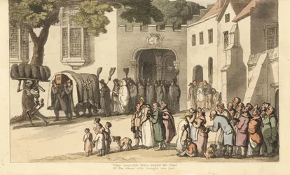 Dödens skelett bär svarta begravningsplymer framför Lord Rolands kortege. Det Goda och det Stora. Handfärgad kopparplåt tecknad och graverad av Thomas Rowlandson från The English Dance of Death, Ackermann, London