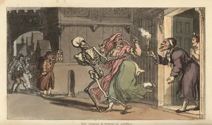 Dödens skelett bär bort en Virago från ett hus medan en nattvakt med lykta tittar på. Handfärgad kopparplåt tecknad och graverad av Thomas Rowlandson från The English Dance of Death, Ackermann, London