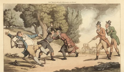 Dödens skelett bär bort en skadad man innan läkaren kan vänta på honom efter en dödlig duell med pistoler i en park. Handfärgad kopparplåt tecknad och graverad av Thomas Rowlandson från The English Dance of Death, Ackermann, London