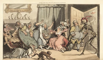 Dödens skelett kommer för Miss Mustard, en av de gamla jungfrudamerna som spelar kort i en salong. Handfärgad kopparplåt tecknad och graverad av Thomas Rowlandson från The English Dance of Death, Ackermann, London