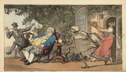 Dödens skelett kommer för Tom Higgins, en ung murare som har dött medan han väntade på en rätt utanför ett värdshus. Handkolorerad koppargravyr, tecknad och graverad av Thomas Rowlandson, ur The English Dance of Death, Ackermann, London