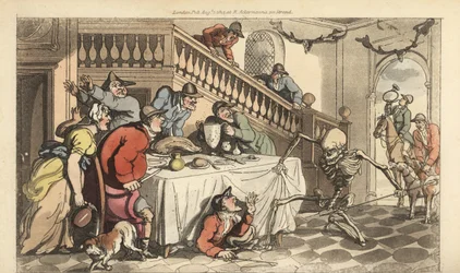 Dödens skelett kommer för en jägare när han gömmer sig under ett bord efter en rävjakt. Handfärgad kopparplåt tecknad och graverad av Thomas Rowlandson från The English Dance of Death, Ackermann, London